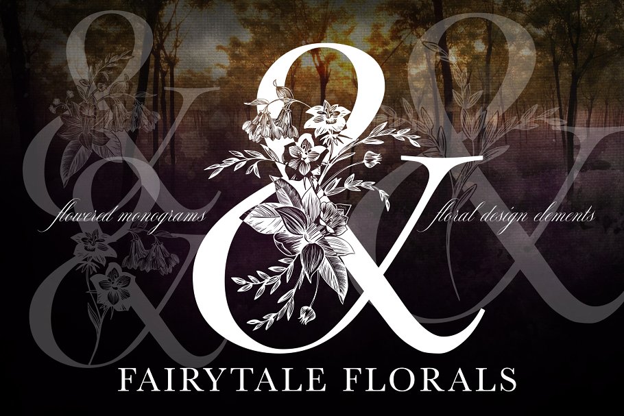 手绘花饰字母插画合集 Fairytale Florals Monogram Set插图8