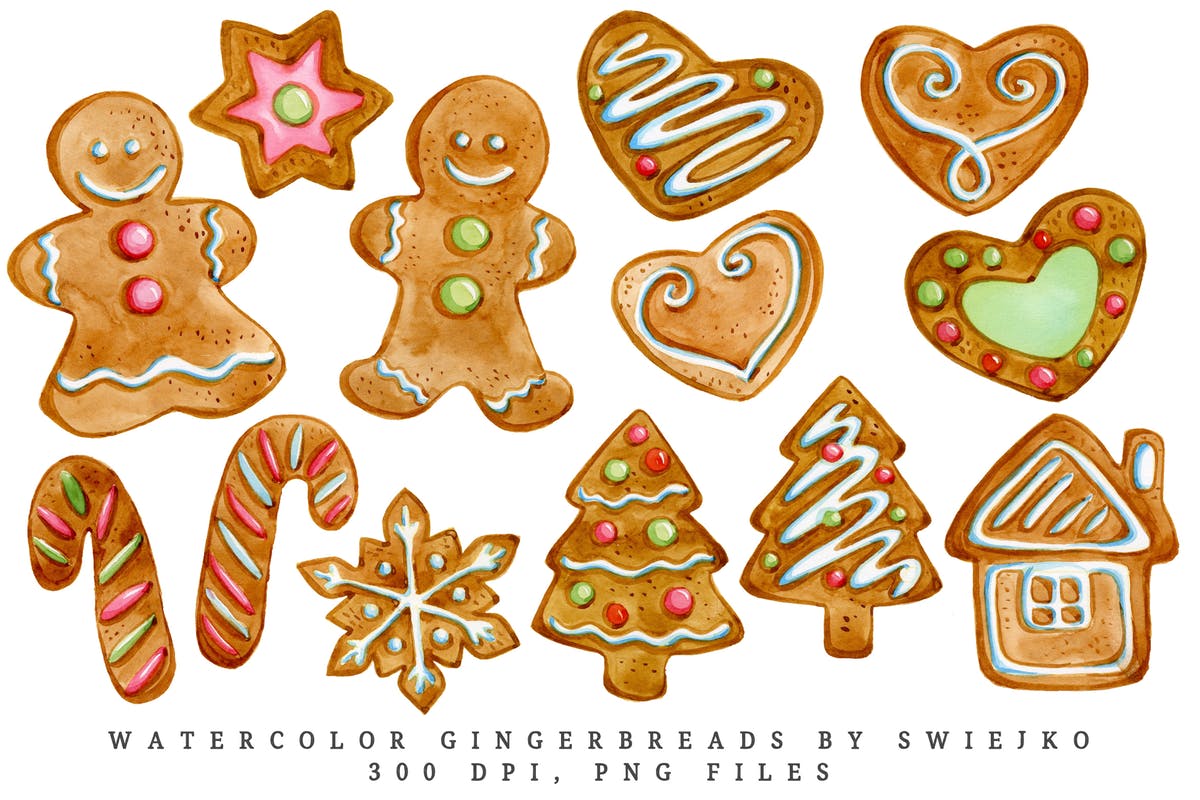 圣诞主题装饰元素水彩剪贴画 Gingerbread illustration, watercolor clipart插图