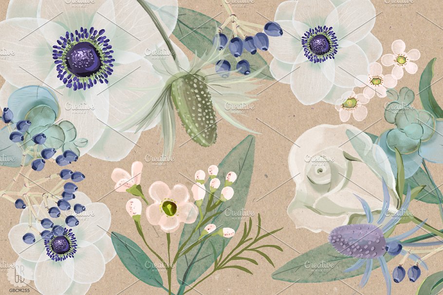 淡雅水彩海葵花束插画艺术素材 Watercolor florist bouquet anemone插图(3)