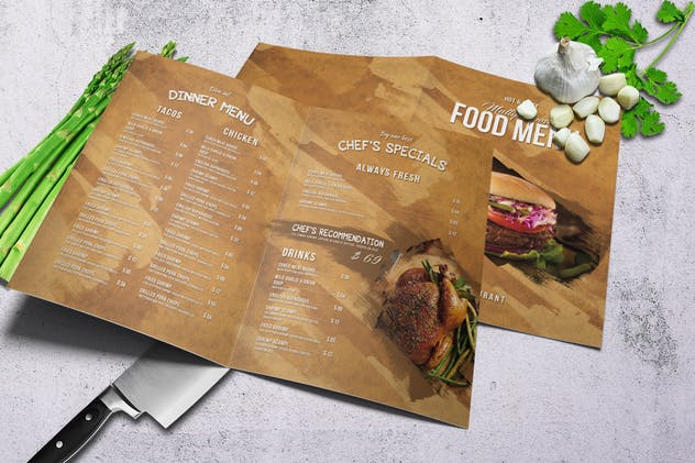 经典多用途双折页汉堡店菜单PSD模板 Multipurpose Food Menu – Bifold – A4 & US Letter插图(1)