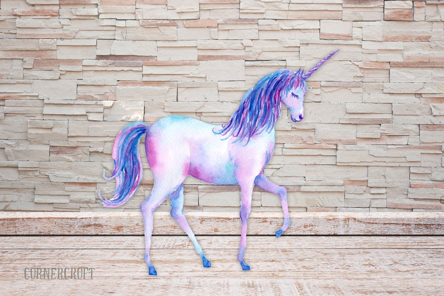 粉紫彩虹色调彩手绘独角兽插图 Pink and Purple Unicorns插图(3)