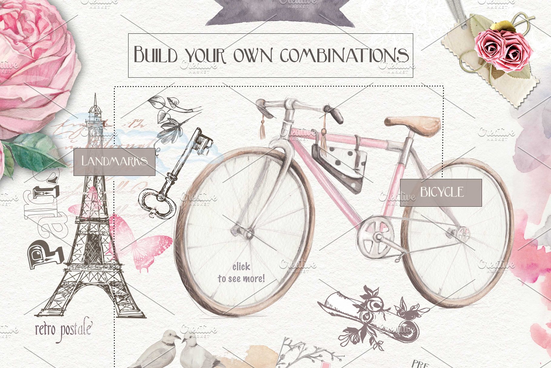 优雅文艺风自行车与玫瑰手绘插画元素 Bicycles and roses插图(3)