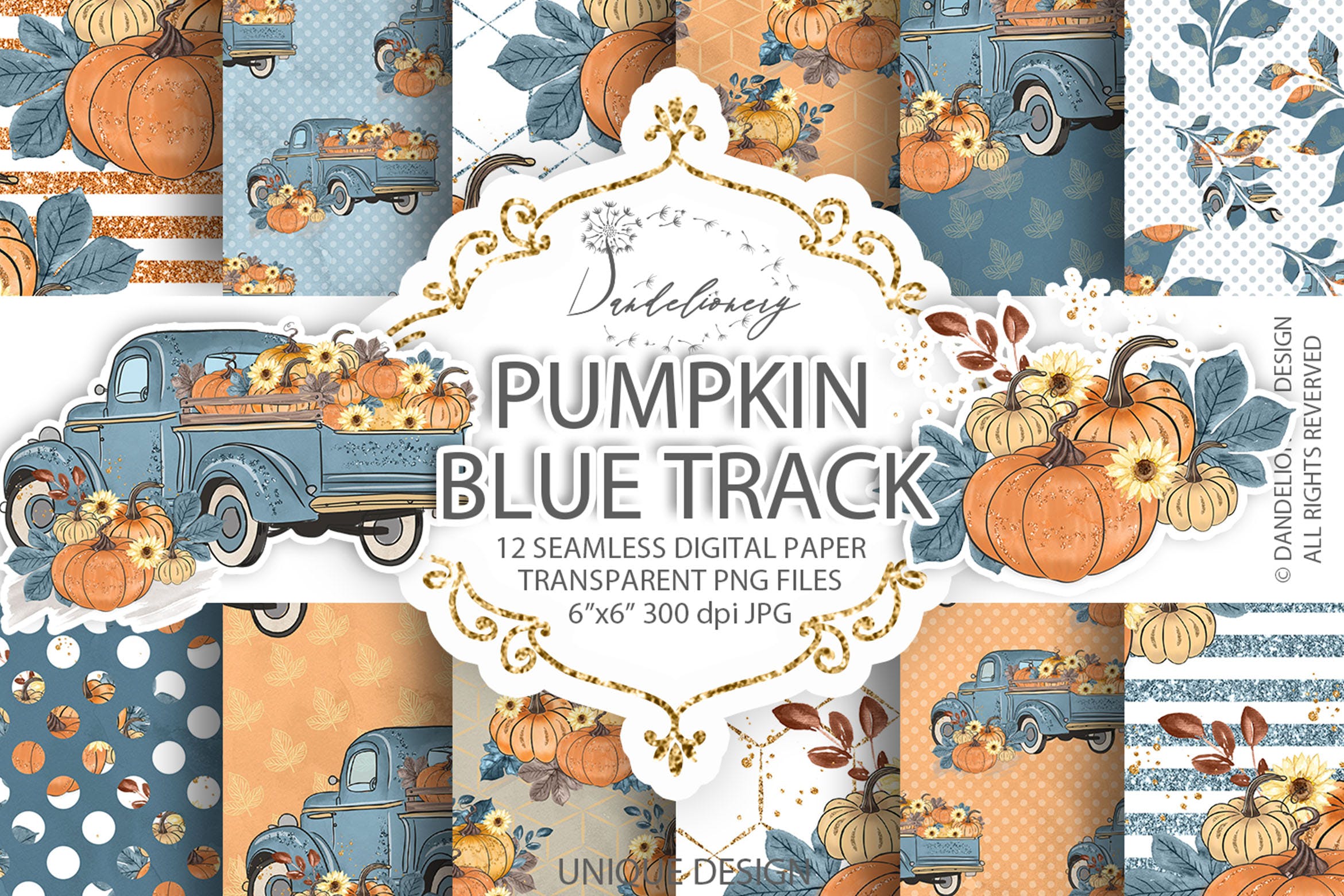 蓝色水彩手绘南瓜车数码纸张图案设计素材 Pumpkin Truck Blue digital paper pack插图
