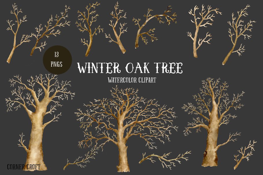 手绘水彩艺术栎树剪贴画 Watercolor Winter Oak Trees插图(1)
