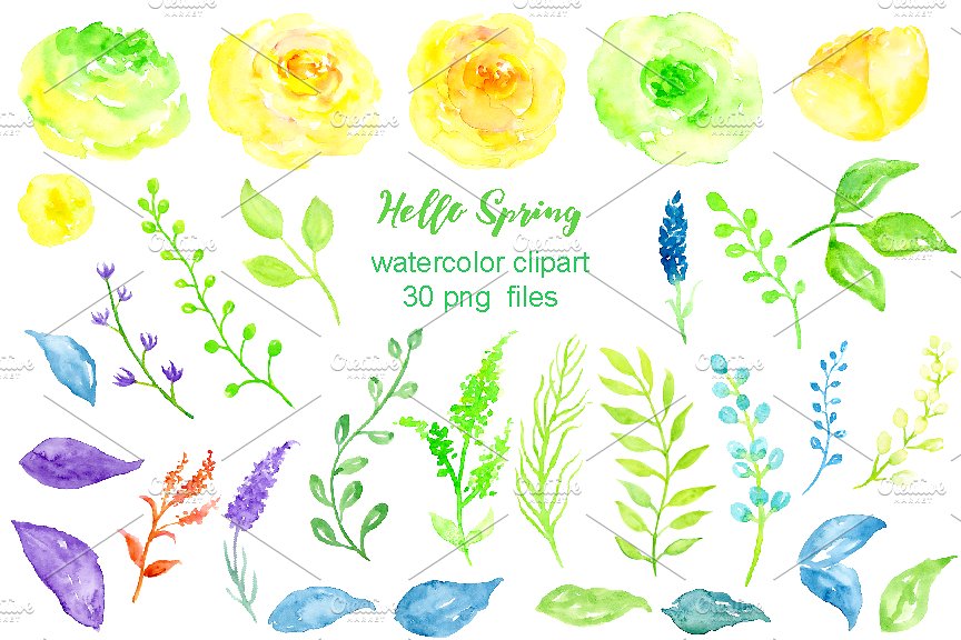 “您好，春天”-水彩花卉剪贴画 Watercolor Clipart Hello Spring插图(1)