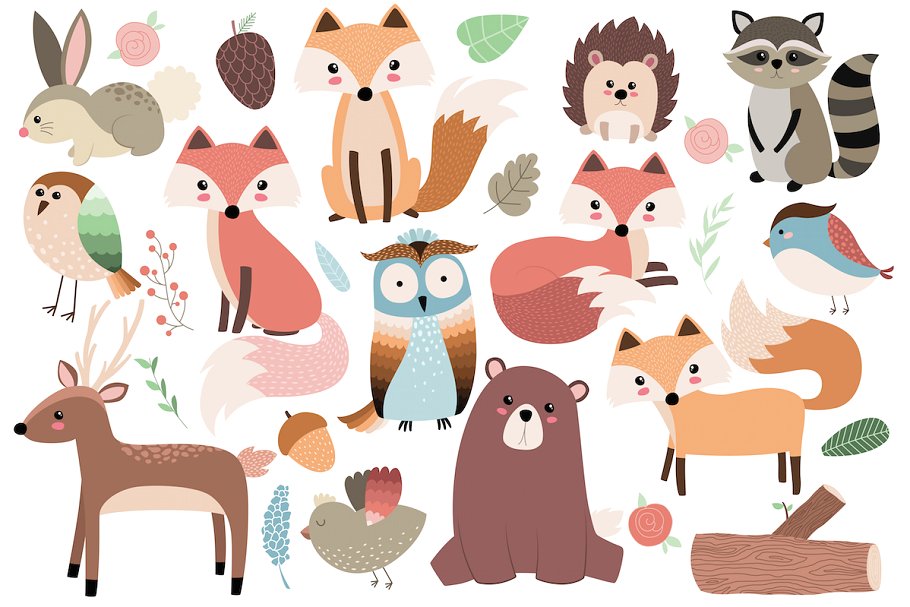 110个林地动物手绘动物插画剪贴画 110 pc Huge Woodland Clipart Set插图2