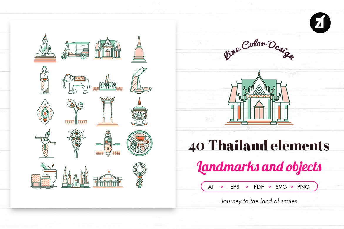40款泰国地标/元素矢量图标素材 40 Thailand elements with bonus graphic template插图1