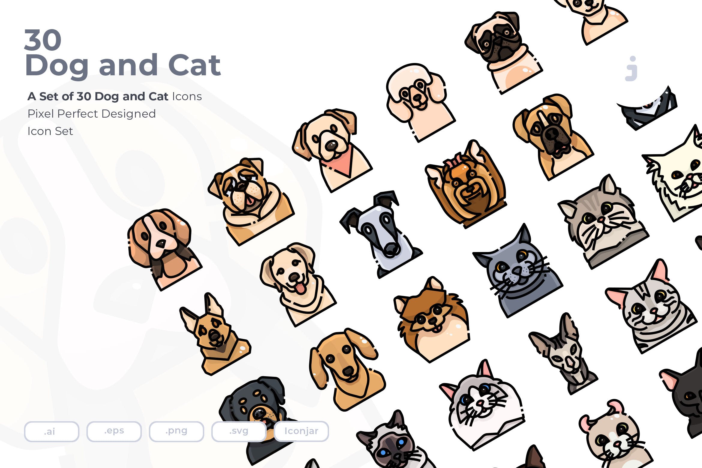 30枚狗&猫彩色矢量图标素材 30 Dog and Cat Icons插图