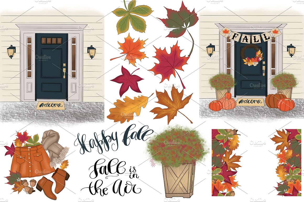 丰收的季节手绘设计插画素材+纹理 Happy Fall Autumn Design Kit插图9