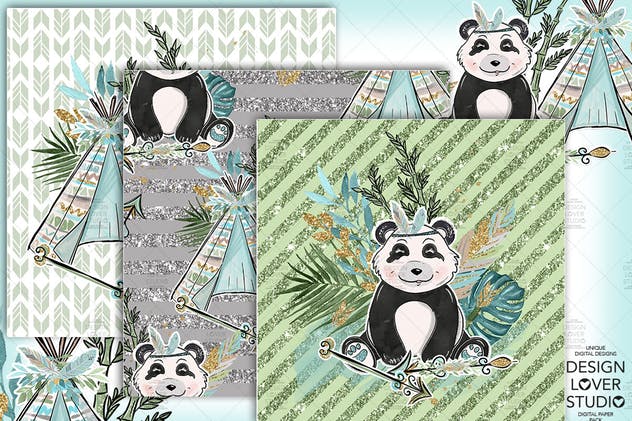 波西米亚风格熊猫无缝图案设计素材 Boho Panda digital paper pack插图4