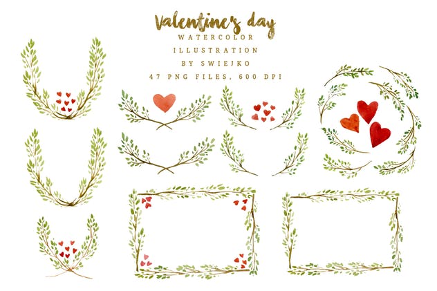 情人节手绘水彩叶子插画套装 Watercolor Valentine Illustration插图(1)