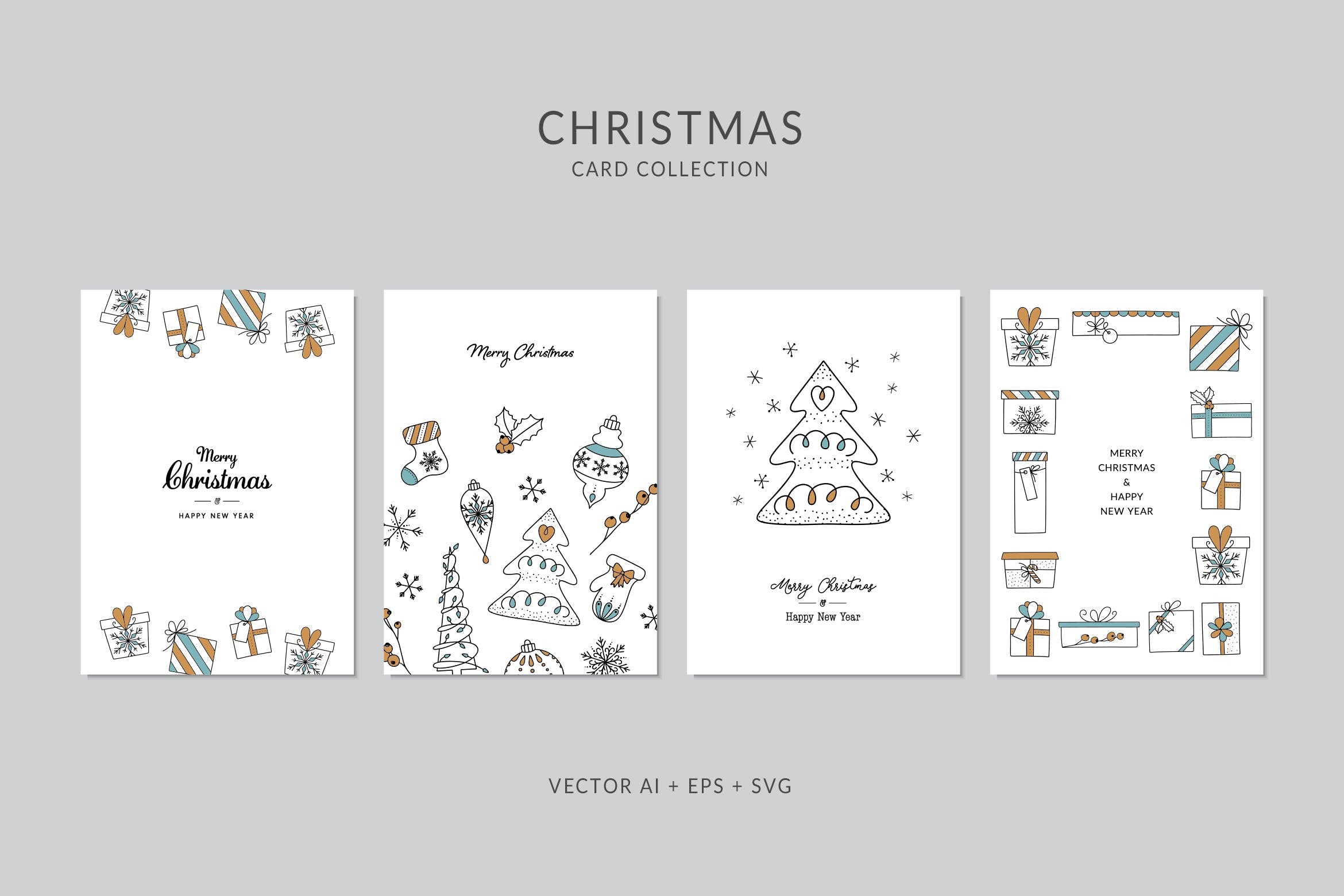圣诞树&礼物手绘图案圣诞节贺卡矢量设计模板集 Christmas Greeting Card Vector Set插图