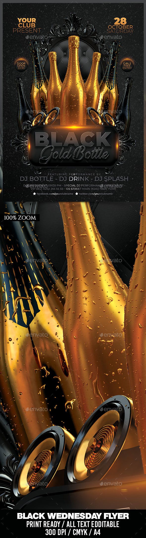 时尚高端黑金瓶派对海报模板 Black Gold Bottle Party [psd]插图