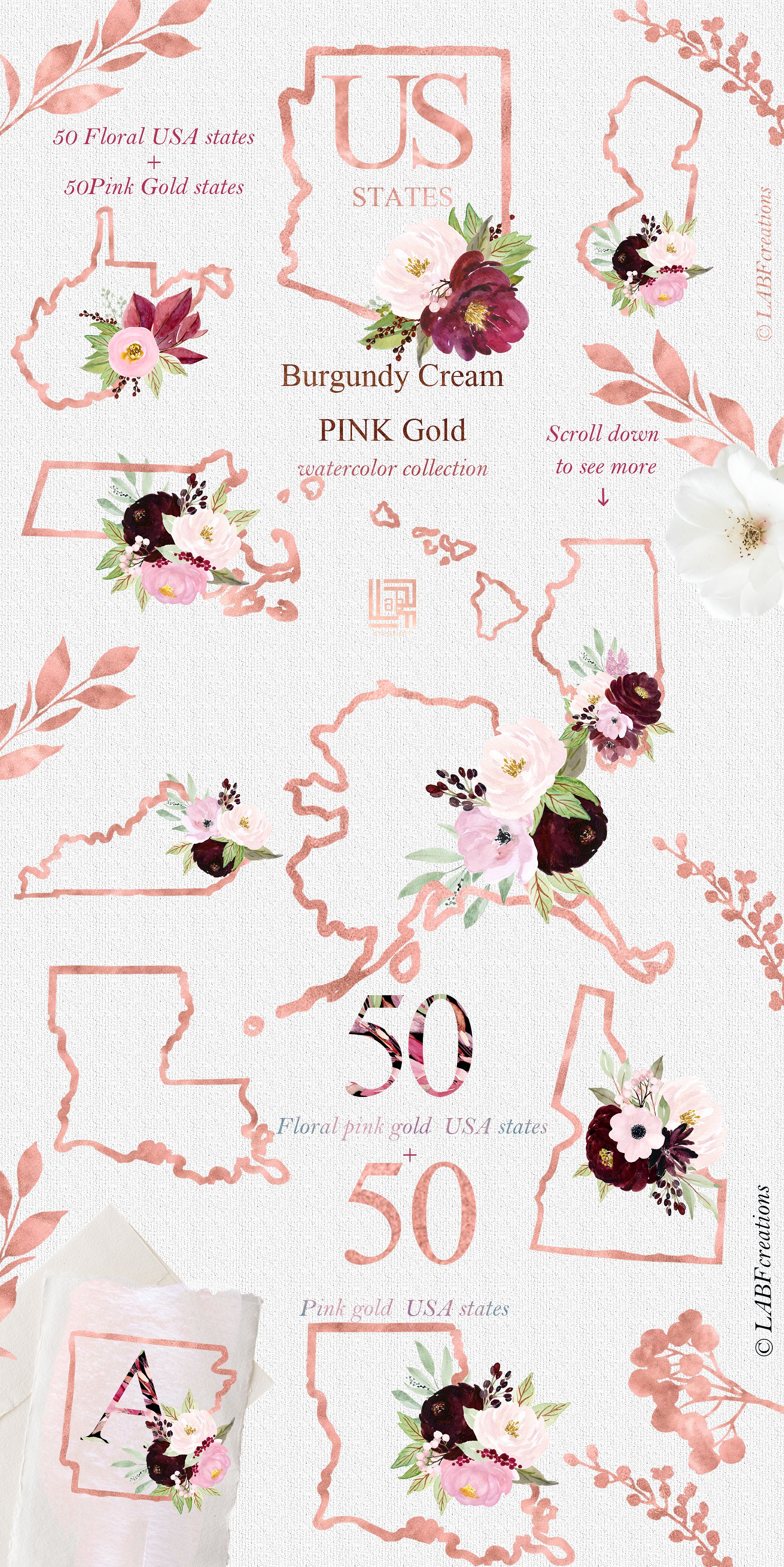 勃艮第奶油和金粉色水彩花卉剪贴画 Burgundy cream  & gold pink flowers插图(1)