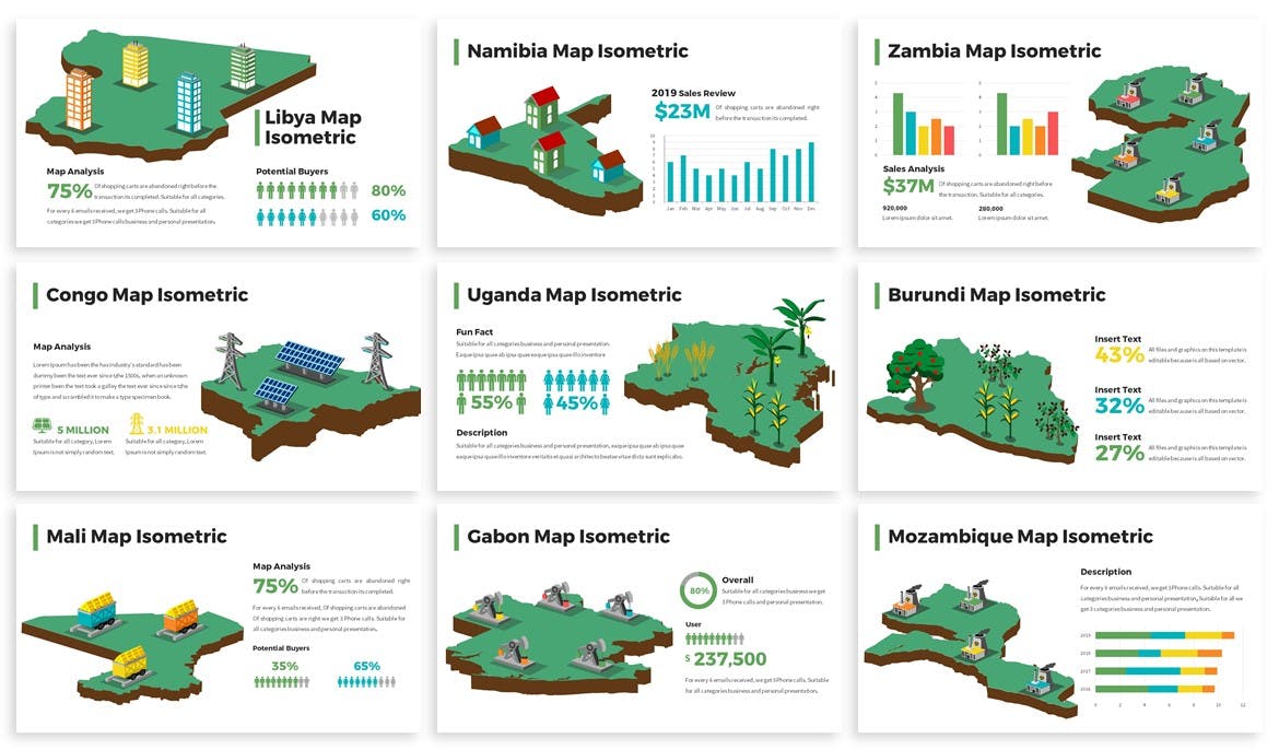 美洲国家/地区地图PPT幻灯片设计素材 Africa Maps Isometric & Legends For Powerpoint插图(2)