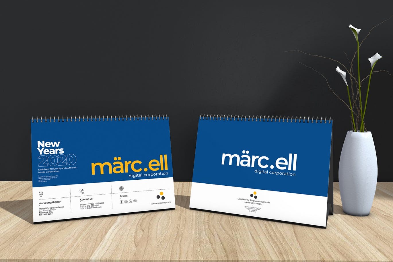 2020年深蓝色翻页台历表设计模板 Marcell Corporate Table Calendar 2020插图1
