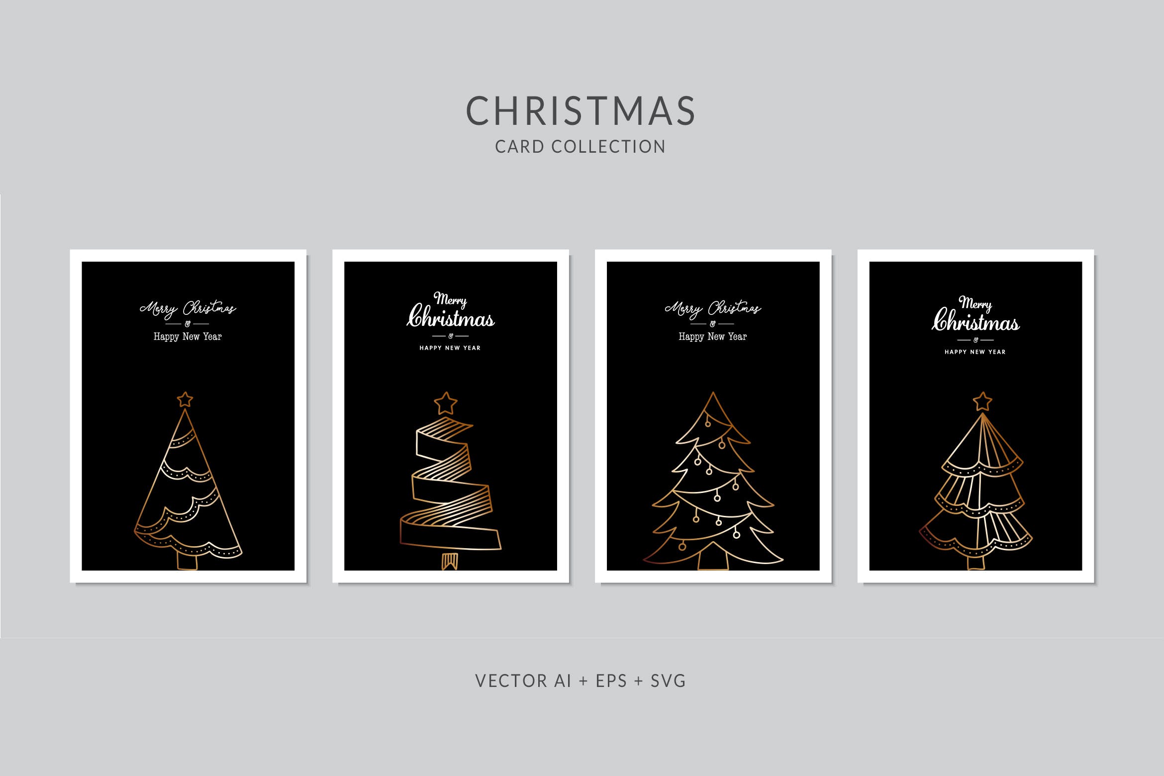 亮金色圣诞树手绘图案圣诞节贺卡设计模板 Christmas Greeting Card Vector Set插图