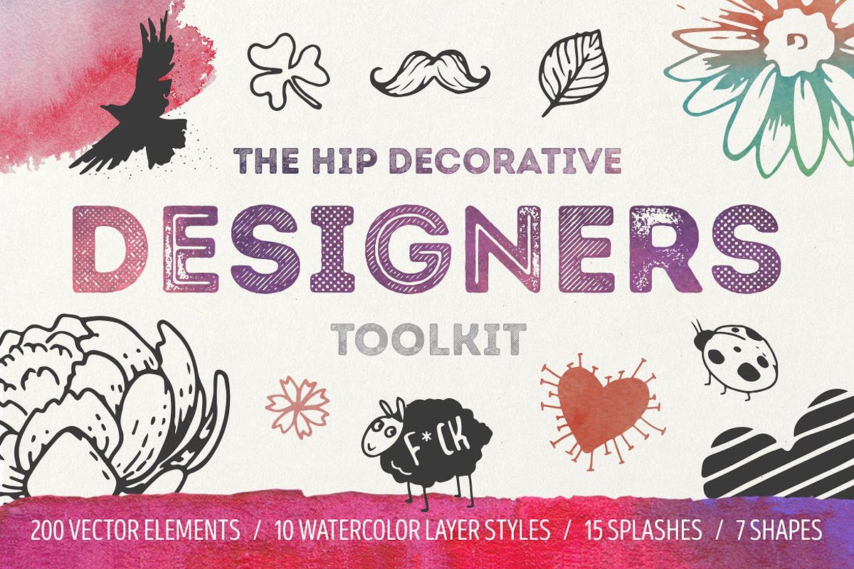 手绘装饰设计元素工具包[手绘图案+水彩样式+图形] The Hip Decorative Toolkit插图