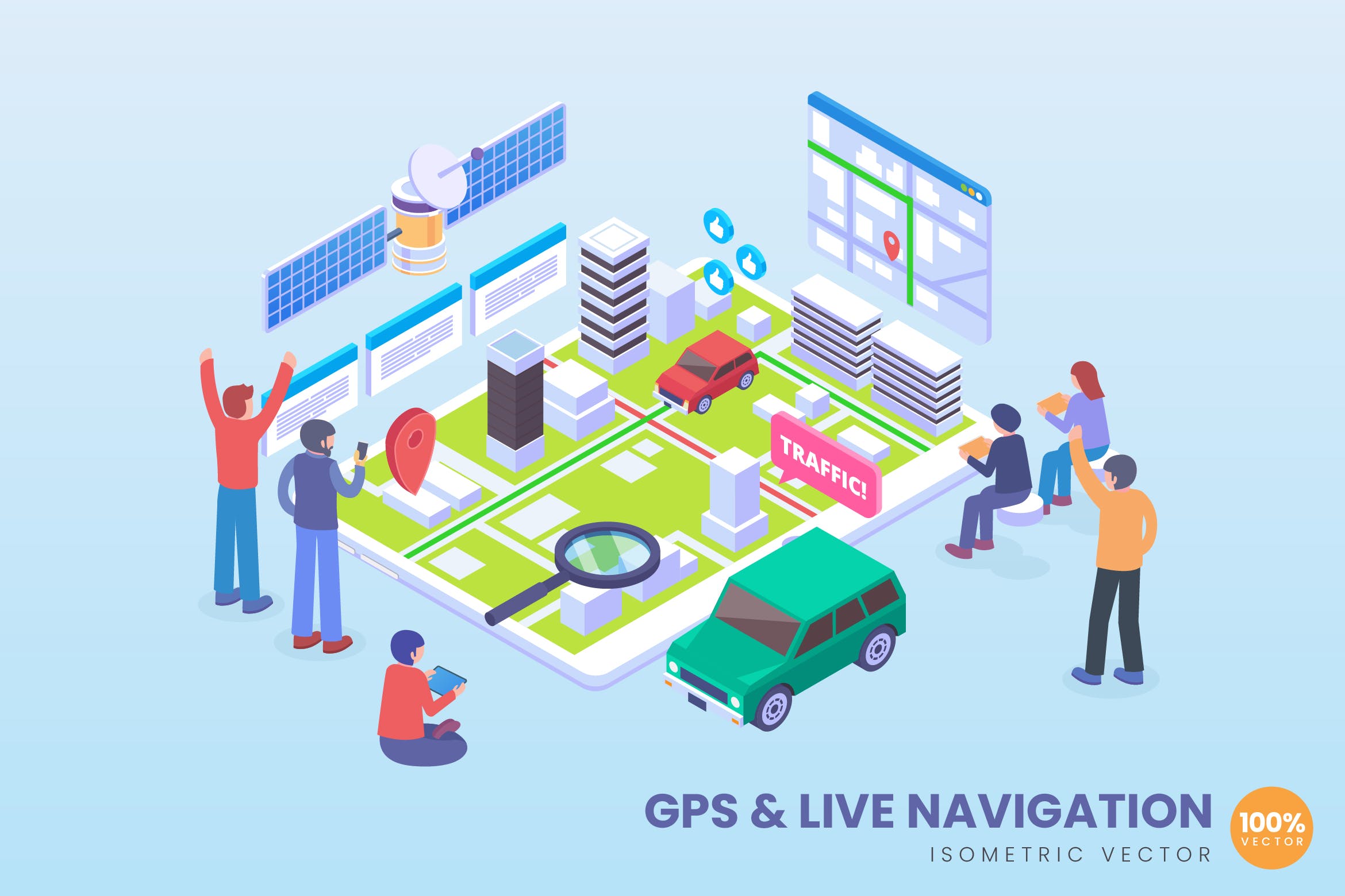 GPS和实时地图导航场景2.5D矢量等距概念插画 Isometric GPS & Live Navigation Vector Concept插图