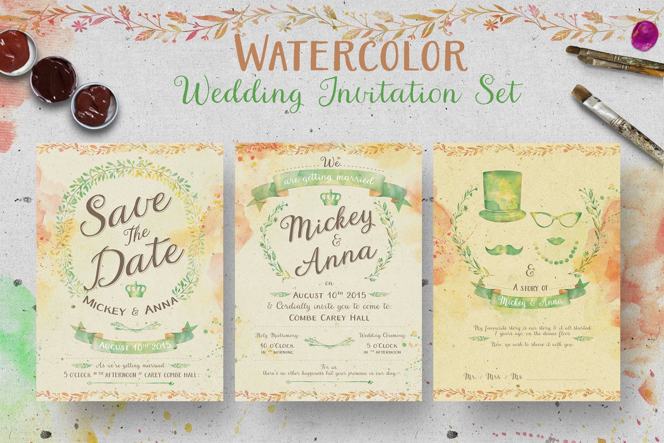 高品质的手绘水墨水彩风格婚礼植物邀请函设计模板插图