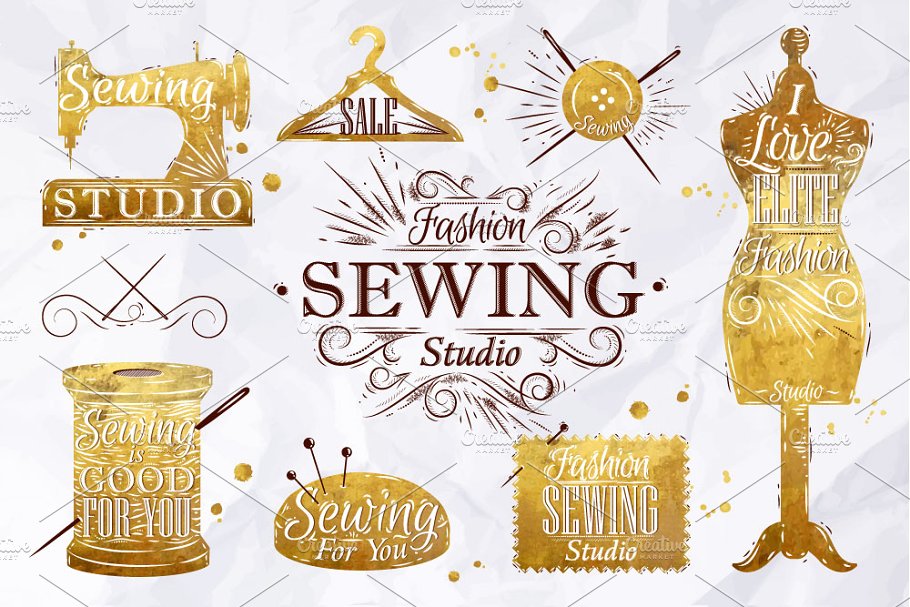 复古缝纫机手绘符号插画 Retro sewing symbol插图