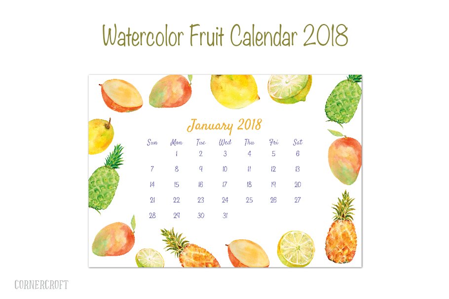水彩水果年历/日历模板 2018 Calendar Watercolor Fruit插图(3)