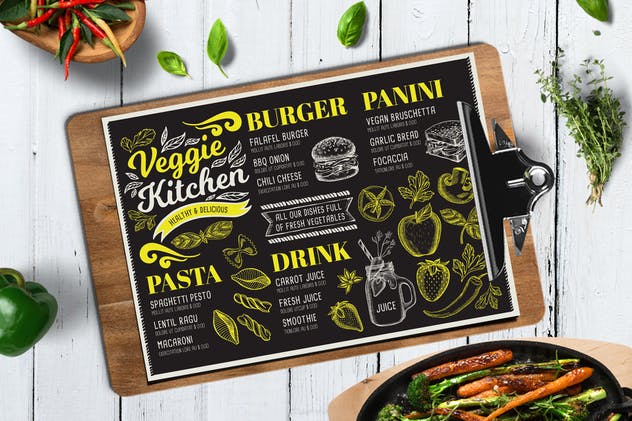 蔬菜素食馆餐厅粉笔画设计风格菜单模板 Vegan Food Menu插图(1)