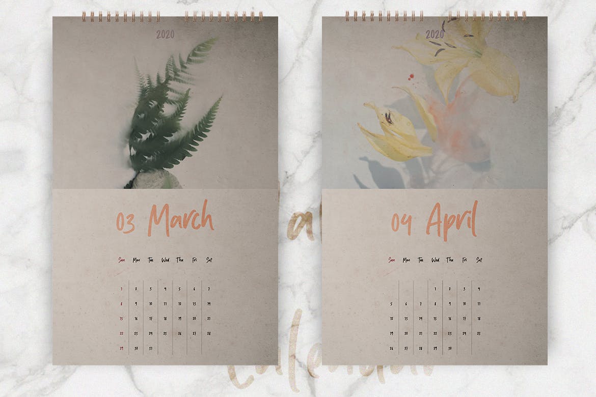 2020年植物花卉图案挂墙日历设计模板 Wall Calendar 2020 Layout插图2