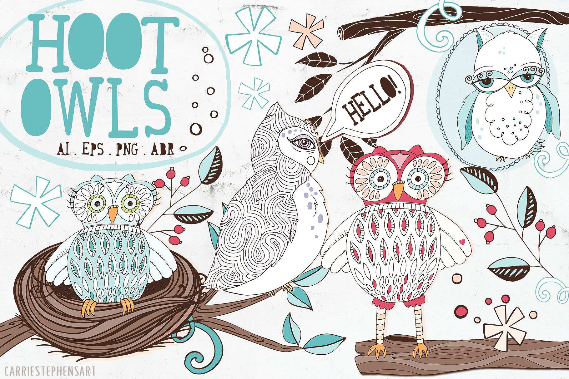 可爱猫头鹰矢量剪切画素材 Cute Owl Graphics Set插图