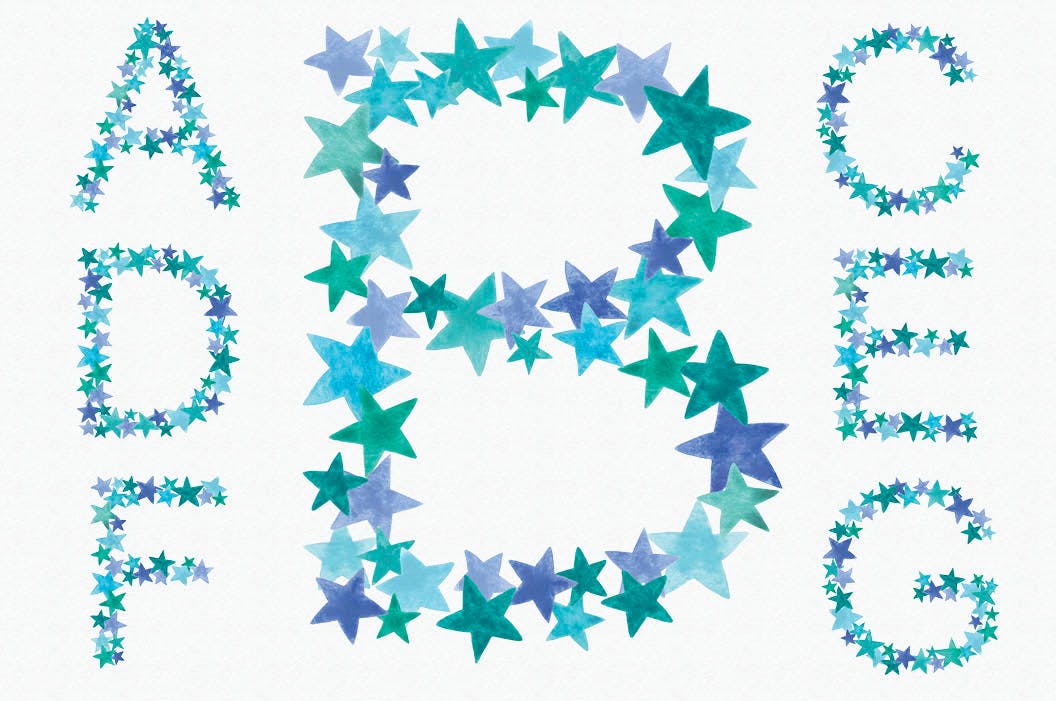绿蓝配色26个星星字母剪贴画PNG设计素材 Greeny Blue Star Alphabet插图1
