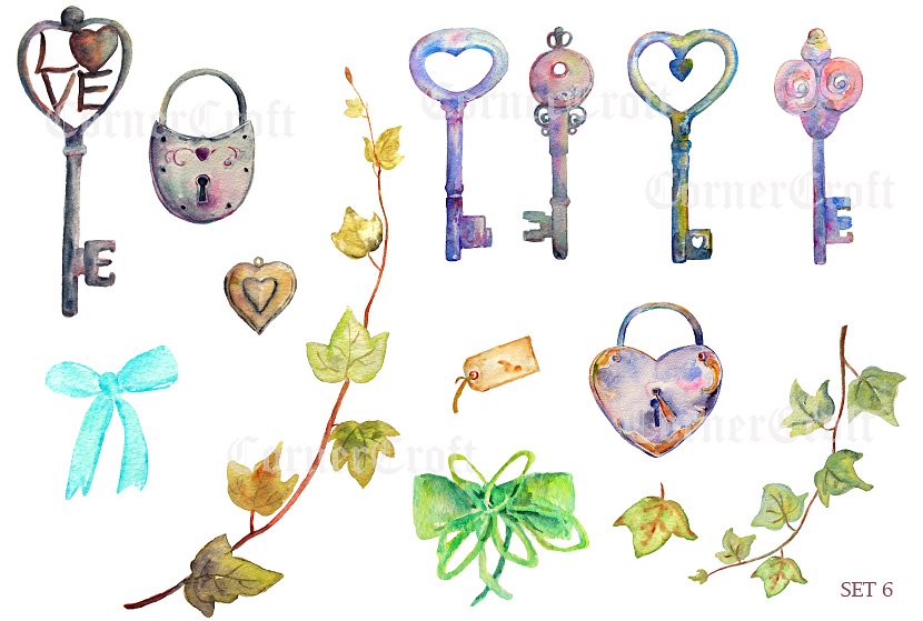 复古锁、钥匙&心形水彩图案 Watercolor Vintage Lock Key Heart插图(1)