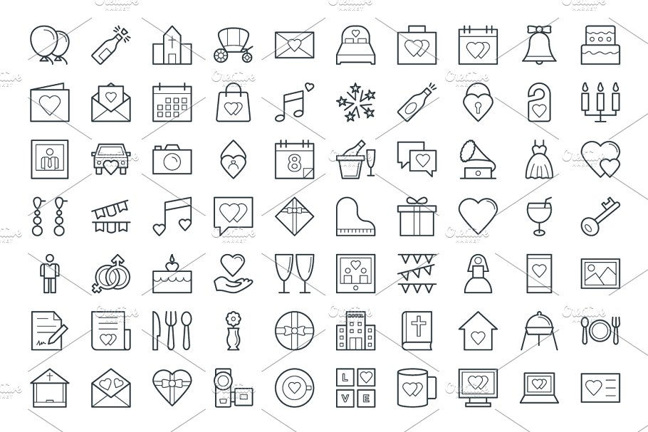 100多个婚礼/婚庆线型矢量图标  100+ Wedding Vector Icons插图(1)