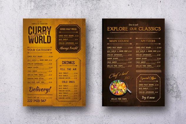 咖喱美食复古餐饮菜单PSD模板下载 Curry World Retro Menu Bundle插图5