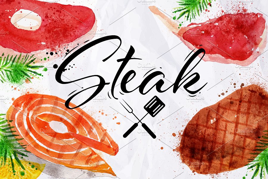 牛排/鱼排/鸡排等肉类水彩矢量插画 Set watercolor steak插图
