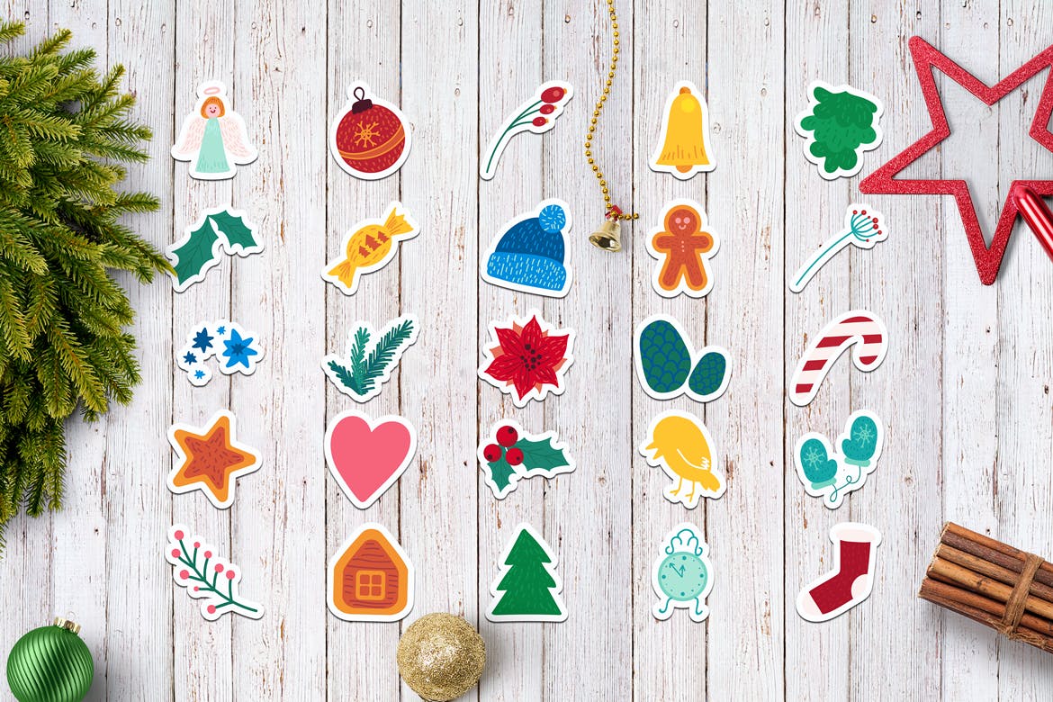 圣诞节&冬季主题贴纸图案矢量设计素材包 Christmas And Winter Stickers Set插图1