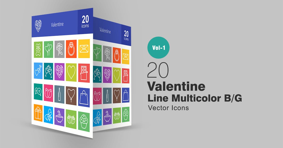 20枚情人节爱情主题彩色线条图标 20 Valentine Line Multicolor Icons插图