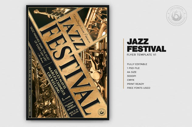 创意爵士音乐演奏会活动海报模板v1 Jazz Festival Flyer Template V1插图(1)