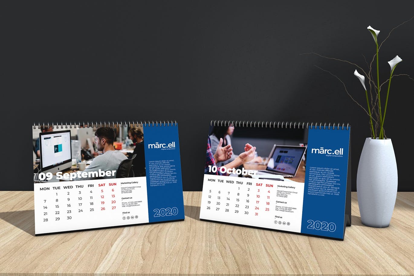2020年深蓝色翻页台历表设计模板 Marcell Corporate Table Calendar 2020插图6