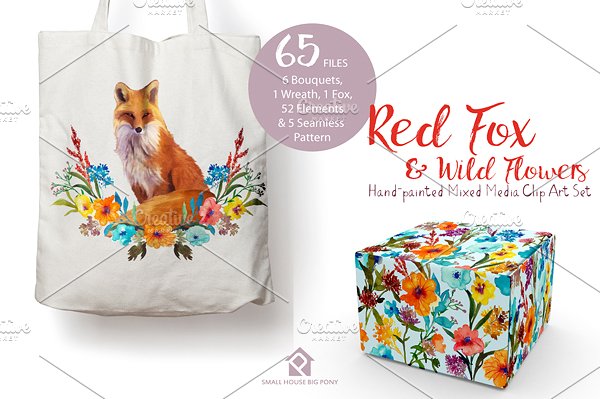红狐与野花水彩剪贴画 Red Fox and Wild Flowers插图(6)