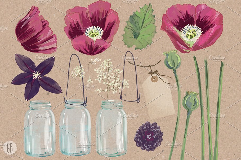 手绘水彩罂粟花元素插画素材 Watercolor burgundy poppies in a jar插图(2)