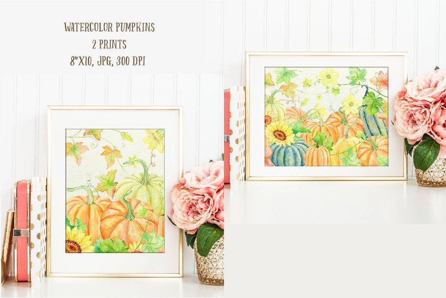 南瓜（藤、叶子&花）水彩剪贴画、纹理 Watercolour Clipart Pumpkins插图(4)