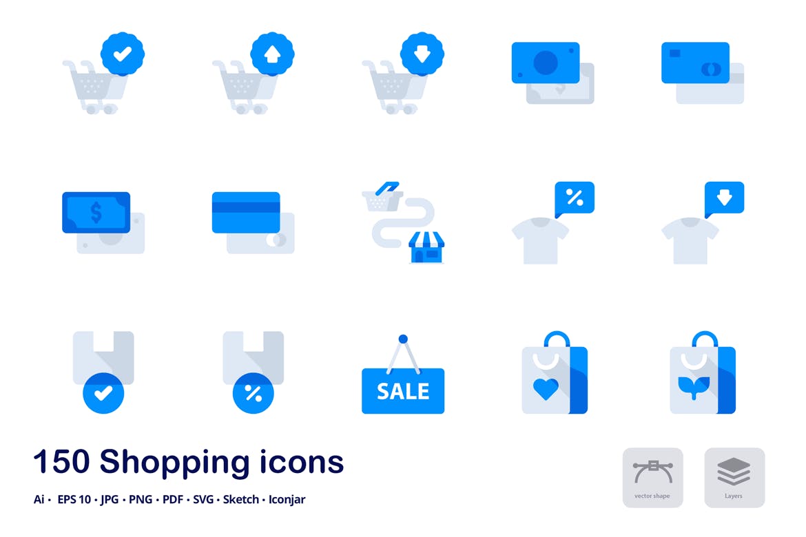 150枚购物&电子商务主题双色调扁平化图标素材 Shopping and E-commerce Accent Duo Tone Icons插图(1)
