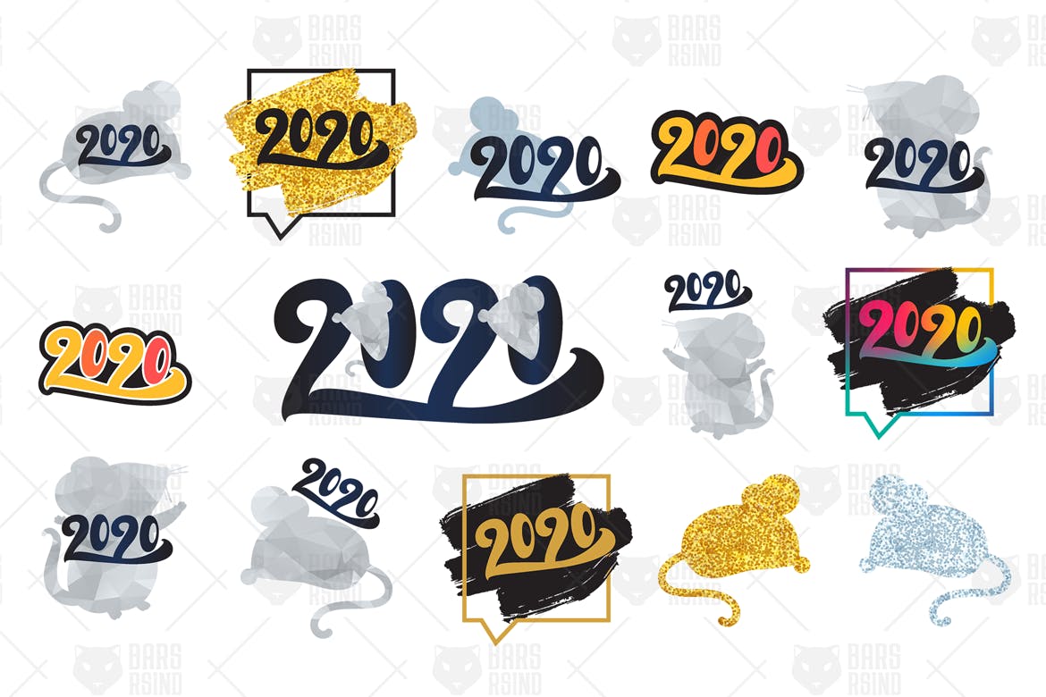 2020年新年快乐标志符号矢量设计图形素材集 Happy 2020 New Year Symbols Set插图(3)