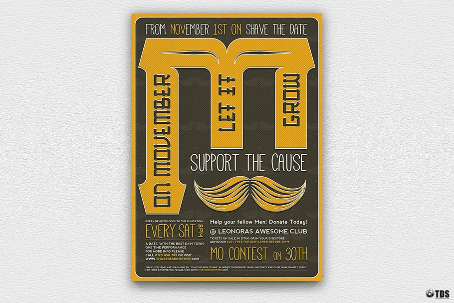 蓄须月胡子节活动派对传单PSD模板 V3 Movember Flyer PSD V3插图1