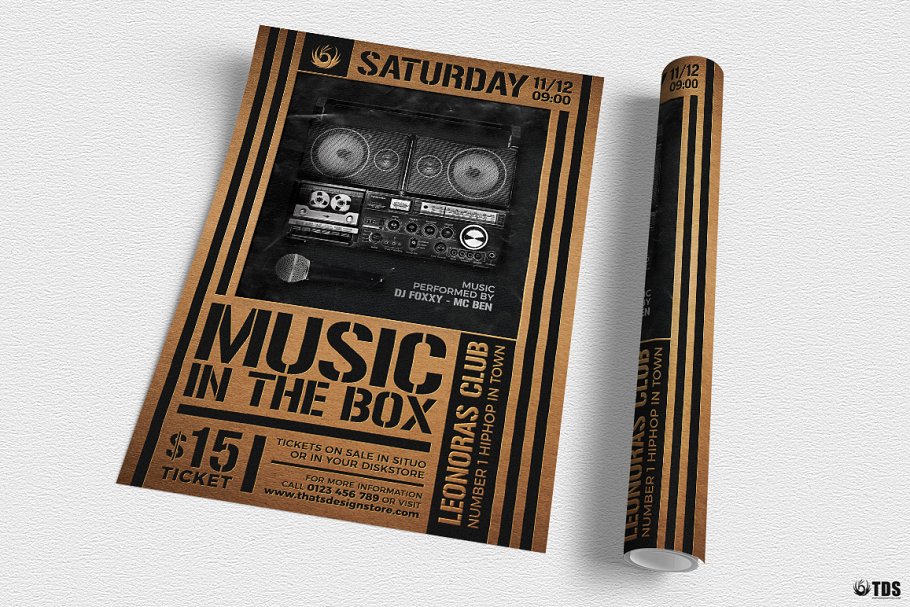 复古风格音乐盒子海报传单PSD模板 Music in the Box Flyer PSD插图(2)