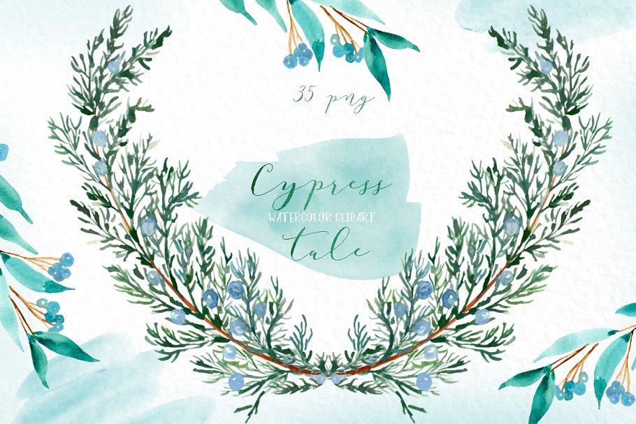 柏树水彩剪贴画 Cypress tale. Watercolor clipart插图7