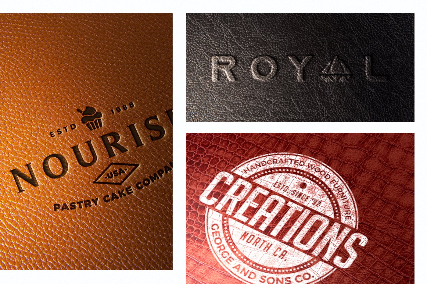 真皮材质品牌Logo设计压印效果图样机模板 Leather Branding logo mockups插图1