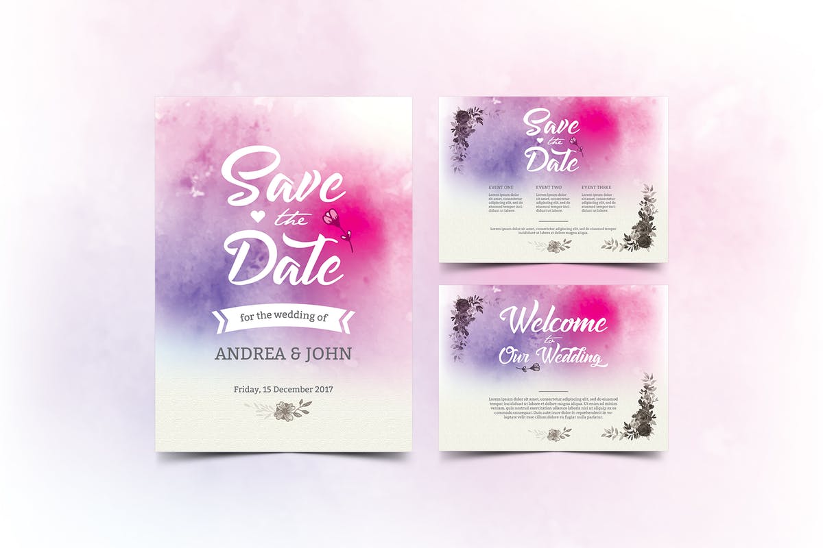 水彩元素婚礼邀请函设计模板 Watercolor Wedding Invitation插图