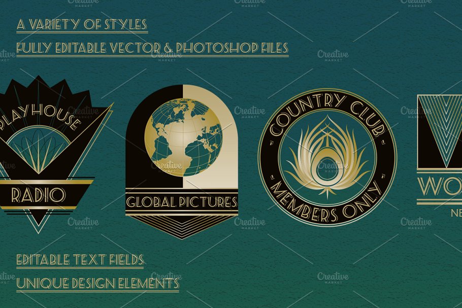 装饰艺术复古风格Logo模板 Art Deco Logos Templates插图3