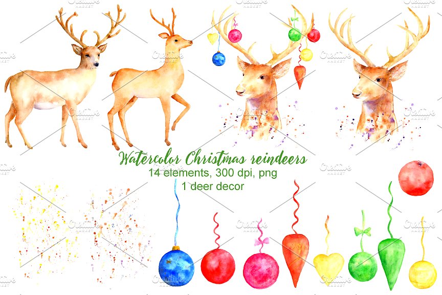 圣诞节驯鹿手绘水彩剪贴画 Christmas Reindeer Clipart插图1